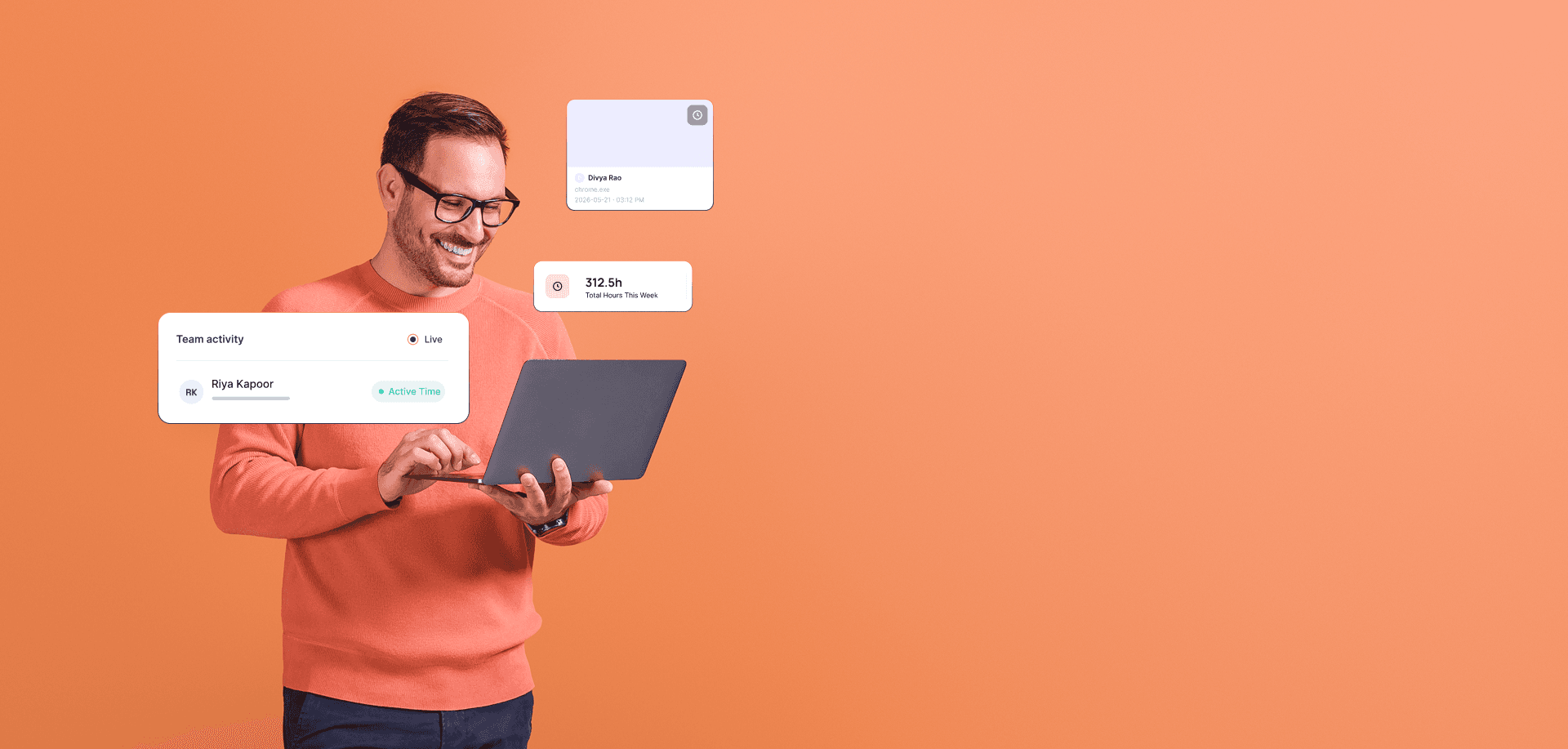 Clarity user reviewing live team activity, total hours and screenshot cards