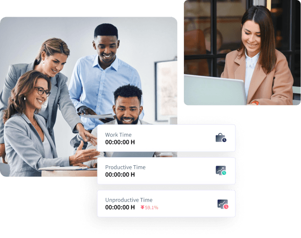 Clarity's work, productive and unproductive time cards beside a working team